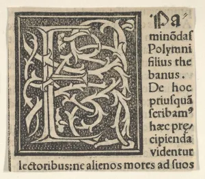 Print of Initial letter E on patterned background, 1520