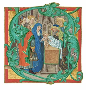 Gold Leaf Artwork Prints: Initial S: The Presentation in the Temple, about 1475-1500. Creator: Unknown