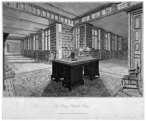 Archbishop Of Canterbury Residence Prints: Interior view of the library at Lambeth Palace, with a desk in the foreground, 1805