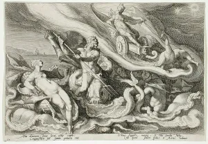 Black And White Dutch Art Prints: Juno Complaining to Oceanus and Thetis, published 1590. Creator: Hendrik Goltzius