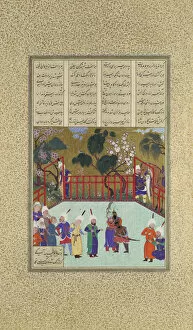 Abu Ol Qasem Mansur Collection: Kai Kavus and Rustam Embrace, Folio 123r from the Shahnama (Book of Kings)... ca