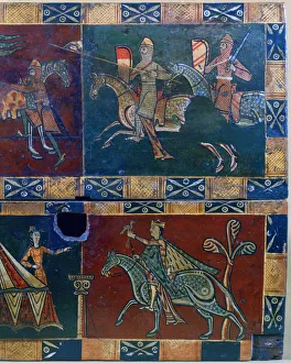 Knights on horseback and king with a falcon, 12th century Knights on horseback and king with a falcon, 12th century