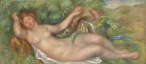 Print of a reclining nude female figure in a landscape setting