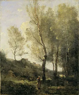 Print of a landscape with trees standing in a field