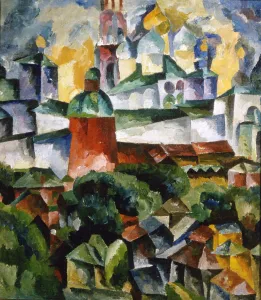 Russian Orthodox Monastery Prints: Landscape with the Trinity-Sergius-Monastery, 1920. Artist: Aristarkh Lentulov