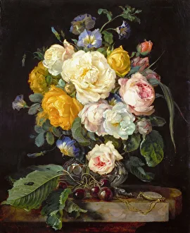 Still life with peonies, cherries and a pocket watch Still life with peonies, cherries and a pocket watch