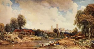 Prints of Lincoln, early 19th century, (1934). View of the River Witham in Lincolnshire, with Lincoln Cathedral in the distance. From The Connoisseur, Vol 93, No 389, January 1934. [The Connoisseur Ltd Painting Prints: Lincoln Print, Early 19th Century (1934)