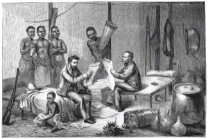 Livingstone and Stanley receiving newspapers in Central Africa, 1871-1873. Artist Livingstone and Stanley receiving newspapers in Central Africa, 1871-1873. Artist