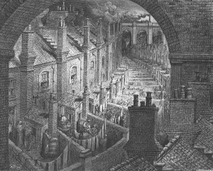 Prints of Over London-By Rail, 1872. women hang washing in terraced backyards under rail arches in London. From, LONDON. A Pilgrimage by Gustave Dore and Blanchard Jerrold. [Grant and Co Slums Prints: Gustave Doré Print: Over London - By Rail, 1872