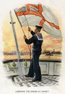 Lowering the Ensign at Sunset, c1890-c1893.Artist: William Christian Symons Lowering the Ensign at Sunset, c1890-c1893.Artist: William Christian Symons