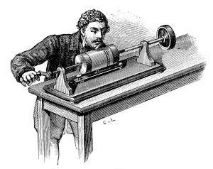 Thomas Edison Phonograph Prints: Making recording on first model of Thomas Edisons Phonograph, c1878
