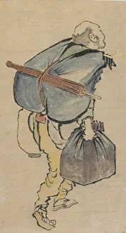 Hokusai Artwork Prints: Man carrying back-pack and lantern, late 18th-early 19th century. Creator: Hokusai
