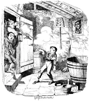 A man shoots a young boy who he suspects of stealing, 19th century.Artist: George Cruikshank A man shoots a young boy who he suspects of stealing, 19th century.Artist: George Cruikshank
