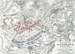 Prints of Map of the Battle of Waterloo, 18th June 1815 (19th century). Battle plan showing the positions of the British and French armies at the outset of the battle Belgium Prints: Waterloo Battle Plan Print, 18th June 1815
