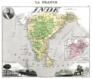 Map of French-occupied India, late 19th century.Artist: Edmond Dyonnet Map of French-occupied India, late 19th century.Artist: Edmond Dyonnet
