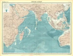 Prints of Map of the Indian Ocean. Map showing the Indian subcontinent, East Africa, the Arabian peninsula, Indo-China and Western Australia. Plate 54 from The Times Atlas Map Prints: Heritage Images Print: Indian Ocean Map Plate 54