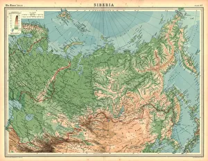 Prints of Map of Siberia. Map showing eastern Russia, Mongolia, the Sea of Okhotsk and the Kamchatka Peninsula. Plate 67 from The Times Atlas Map Prints: Heritage Images Print: Map of Siberia and Eastern Russia
