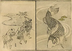 Three men, and carp, 1814, (1924). Creator: Totoya Hokkei Three men, and carp, 1814, (1924). Creator: Totoya Hokkei
