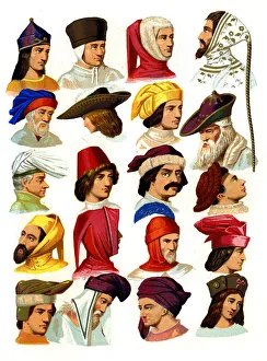 Mens hats of different classes of society, 13th-16th century (1849).Artist: Thurwanger Freres Mens hats of different classes of society, 13th-16th century (1849).Artist: Thurwanger Freres