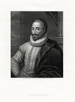 Miguel de Cervantes, Spanish novelist, poet and playwright, 19th century. Artist: E Mackenzie Miguel de Cervantes, Spanish novelist, poet and playwright, 19th century. Artist: E Mackenzie
