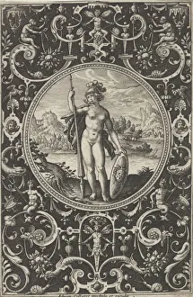 Greek Mythology Goddesses Prints: Minerva in a Decorative Frame with Grotesques, from the Judgment of Paris, c1580-1600