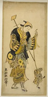 Heritage Animal Artwork Prints: A Monkey Trainer and His Monkey, c. 1725. Creator: Okumura Masanobu