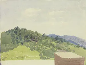 Romantic Era Artwork Prints: Mountain landscape, viewed from a castle complex, 1847. Creator: Carl Theodor Reiffenstein