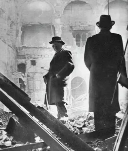 'Mr. Churchill contemplates the ruins of the House of Commons, bombed in May 1941', 1941 Artist: Unknown 'Mr. Churchill contemplates the ruins of the House of Commons, bombed in May 1941', 1941 Artist: Unknown