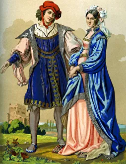 A noble French couple at the end of the 15th century (1849).Artist: Edward May A noble French couple at the end of the 15th century (1849).Artist: Edward May