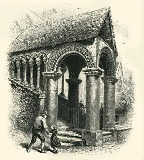 Prints of The Norman Staircase, Canterbury, c1870. 12th century Norman staircase at Kings School, Canterbury, traditionally Archbishops of Canterbury address the School from the staircase during visits Canterbury Prints: The Norman Staircase, Canterbury Print, c1870
