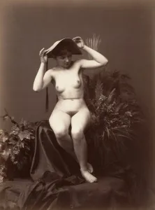 Albumen Silver Print Art Prints: [Nude Woman with Hat in Studio], 1870s-90s. Creator: Unknown