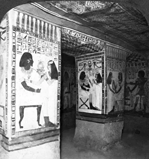 Painted tomb chamber hewn in the rock of the cliffs at Thebes, Egypt, 1905.Artist: Underwood & Underwood Painted tomb chamber hewn in the rock of the cliffs at Thebes, Egypt, 1905.Artist: Underwood & Underwood