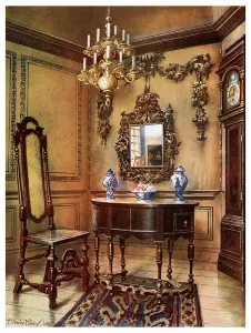 Panelling, mirror frame, walnut table and chair, Charles Wesleys walnut high case clock, 1910.Artist: Edwin Foley Panelling, mirror frame, walnut table and chair, Charles Wesleys walnut high case clock, 1910.Artist: Edwin Foley