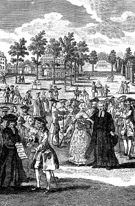 People in the gardens of a stately home, 18th centuy People in the gardens of a stately home, 18th centuy