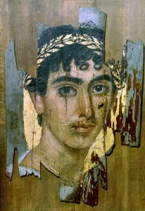 Portrait of a youth in a gold wreath, Fayum mummy portrait, Romano-Egyptian, early 2nd century Portrait of a youth in a gold wreath, Fayum mummy portrait, Romano-Egyptian, early 2nd century