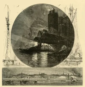 New York State Geography Prints: Poughkeepsie, and its Founderies at Night, 1874. Creator: Harry Fenn