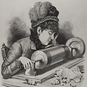 Thomas Edison Invention Prints: A 'prima donna' singing by using Edison's phonograph receiver, 1878