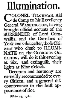 Proclamation of illuminations commemorating the surrender of General Cornwallis, 1781 (c1880) Proclamation of illuminations commemorating the surrender of General Cornwallis, 1781 (c1880)