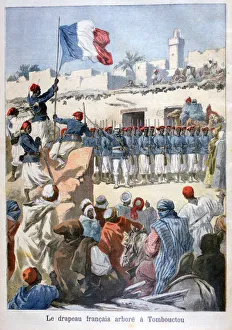 The raising of the French flag at Timbuktu, 1894. Artist: Frederic Lix The raising of the French flag at Timbuktu, 1894. Artist: Frederic Lix