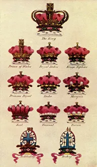 Print of The Regalia, an illustration of various crowns and coronets
