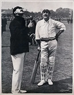 Print of two cricket captains tossing for innings in a match