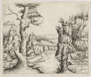 Prints of River Landscape with High Cliffs, 1546 Augustin Hirschvogel Prints: River Landscape with High Cliffs Print, 1546