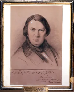 Prints of Robert Schumann, German composer, mid-19th century. Portrait of Schumann (1810-1856) with a dedication from the composer together with a theme in manuscript Robert Schumann Prints: Robert Schumann Print, a mid-19th century portrait of the German composer