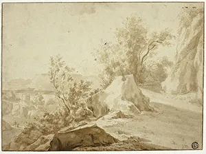 Dutch Golden Age Landscape Prints: Rocks and Mountain Path, Figures and Town Below