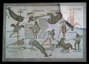 Roman mosaic of performers killing a leopard at a spectacle, 3rd century Roman mosaic of performers killing a leopard at a spectacle, 3rd century