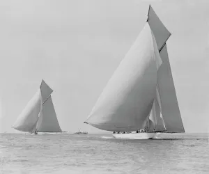 The sailing yachts White Heather and Shamrock, race downwind The sailing yachts White Heather and Shamrock, race downwind