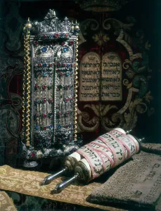 Prints of Scrolls of the Torah, Torah cover and the Ten Commandments, 1797 Austria Prints: 1797 Print of Torah Scrolls and Ten Commandments