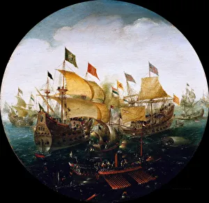 Sea battle between the Dutch and Spanish ships, 1604. Artist: Aert Anthonisz Sea battle between the Dutch and Spanish ships, 1604. Artist: Aert Anthonisz