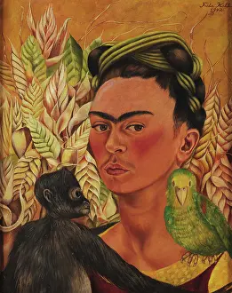 Surrealism Prints: Print of Frida Kahlo's Self-Portrait with Monkey and Parrot, 1942