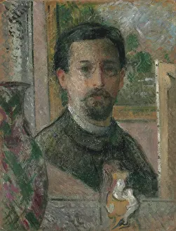 Oil On Cardboard Paintings Prints: Self-portrait with Statuette, c1916. Creator: Loiseau, Gustave (1865-1935)